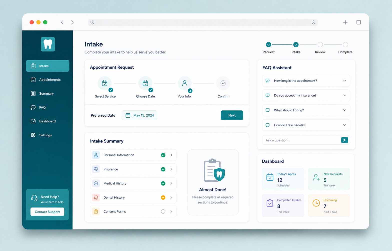 Dental intake workflow dashboard concept